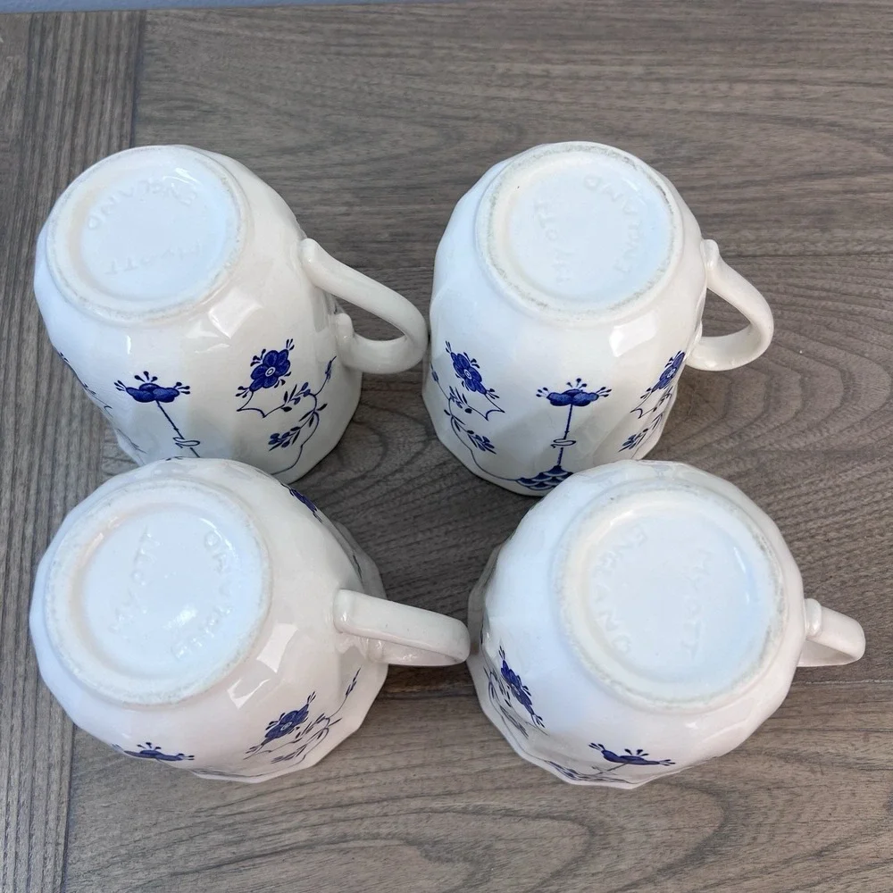 Four (4) Vintage Staffordshire Finlandia Mugs w/ Blue Flowers ~ England
